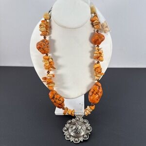 Trigg Leather Western Orange Stone Beaded Concho Necklace & Earrings Set